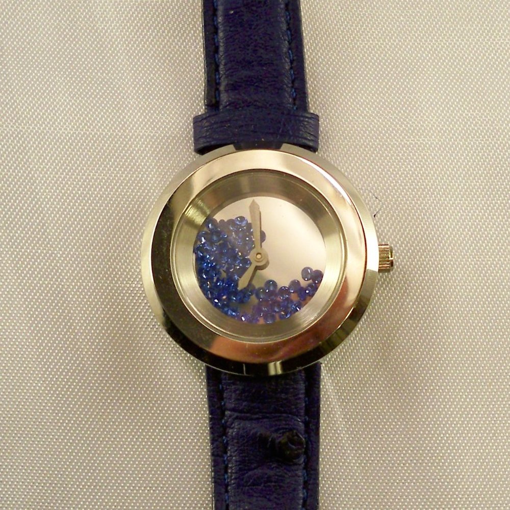 New Andre Giroud Floating Royal Blue Stones Genuine Ostrich Band Watch